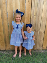 Load image into Gallery viewer, RuffleButts Navy Stripe Ruffle Dress