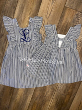 Load image into Gallery viewer, RuffleButts Navy Stripe Ruffle Dress