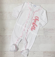 Load image into Gallery viewer, Mini Polka Dot Ruffle Footie Magnolia Baby