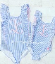 Load image into Gallery viewer, RuffleButts Blue Seersucker One Piece